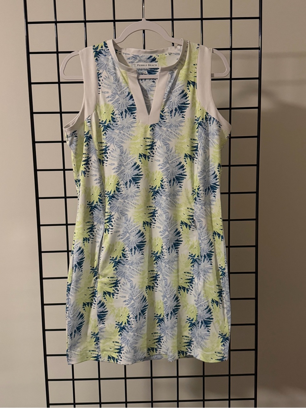 Pebble Beach Sleeveless Mini Dress in White, Lime & Navy Palm Print